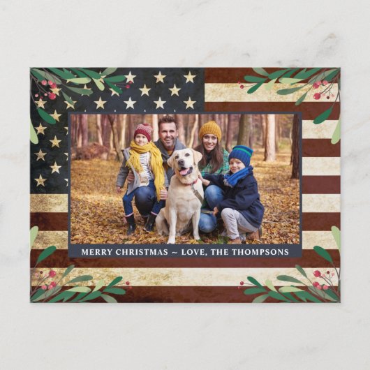 ヴィンテージ愛国的なアメリカ国旗の写真クリスマス シーズンポストカード (正面)