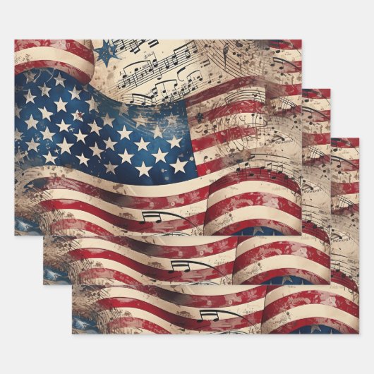 ヴィンテージ愛国的なアメリカ国旗の音符 ラッピングペーパーシート (セット)