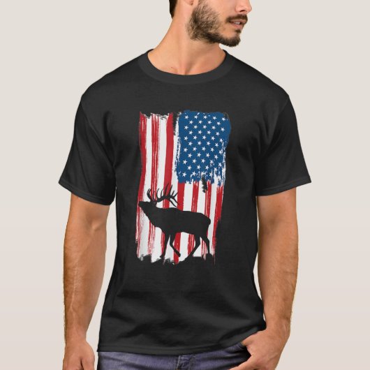 ヴィンテージ愛国的なアメリカ国旗エルクハンター狩り Tシャツ (正面)