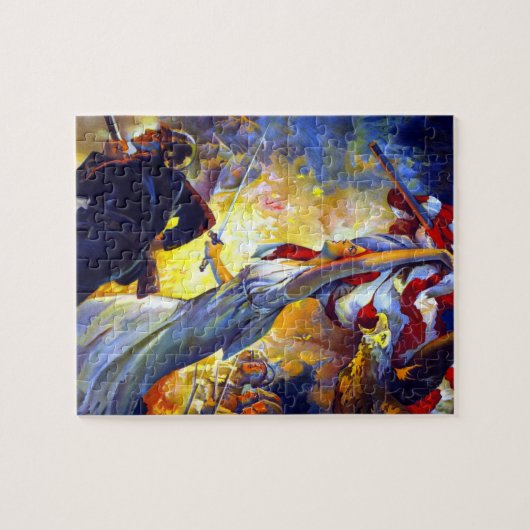 ヴィンテージ愛国的な女性の自由アメリカ国旗のワシ ジグソーパズル (横)