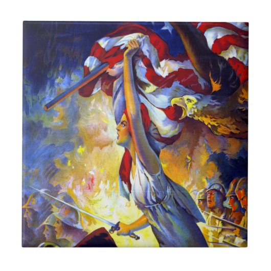 ヴィンテージ愛国的な女性の自由アメリカ国旗のワシ タイル (正面)