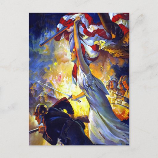 ヴィンテージ愛国的な女性の自由アメリカ国旗のワシ ポストカード (正面)