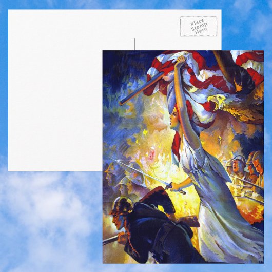 ヴィンテージ愛国的な女性の自由アメリカ国旗のワシ ポストカード