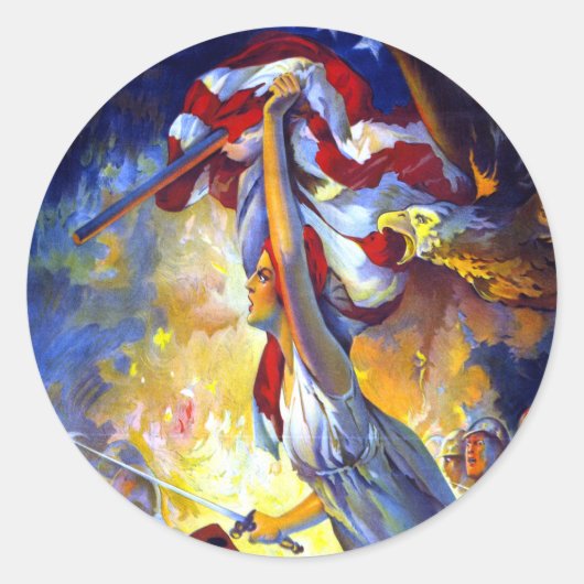 ヴィンテージ愛国的な女性の自由アメリカ国旗のワシ ラウンドシール (正面)