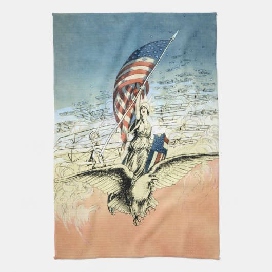 ヴィンテージ愛国的な女性，イーグルとアメリカ国旗 キッチンタオル (縦)