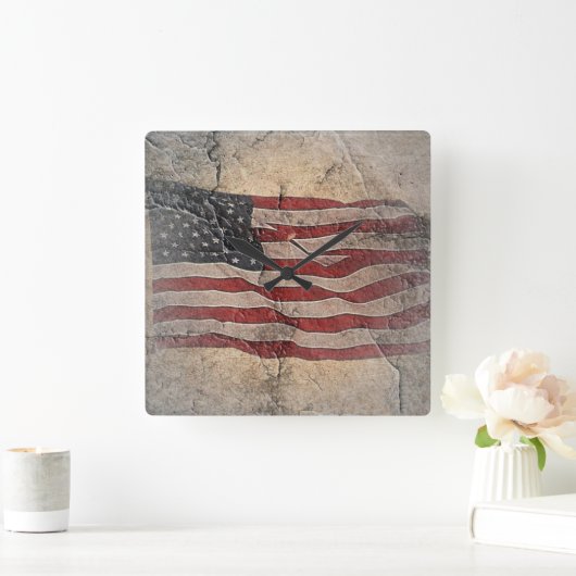 ヴィンテージ愛国的な米国国旗の城壁 スクエア壁時計 (ホーム)