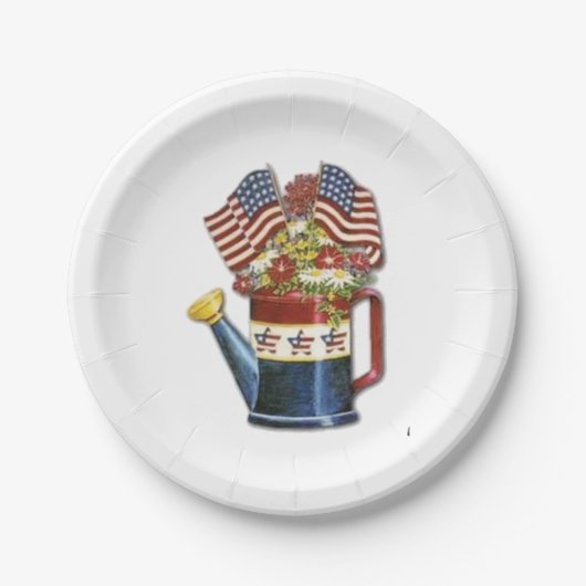 ヴィンテージ愛国的な花ポット風化米国国旗 ペーパープレート (正面)
