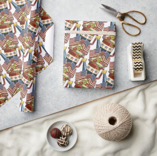 ヴィンテージ愛国的な花ポット風化米国国旗 ラッピングペーパー (クラフト)