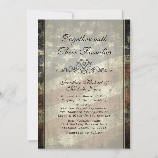 ヴィンテージ愛国的アメリカ結婚国旗 招待状 (裏面)