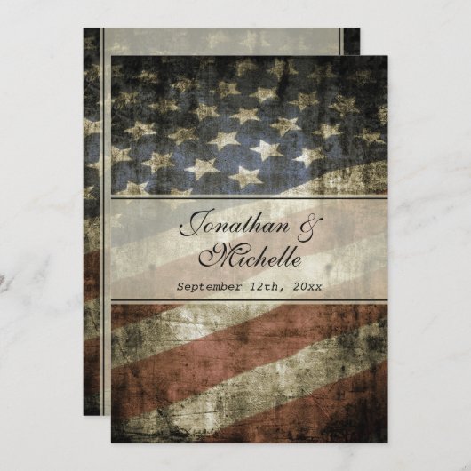ヴィンテージ愛国的アメリカ結婚国旗 招待状 (正面/裏面)