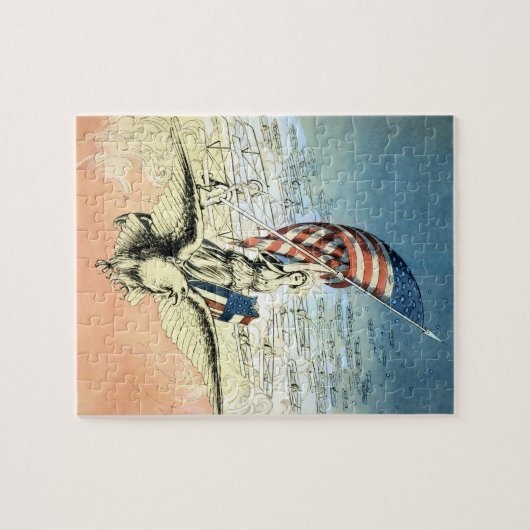 ヴィンテージ愛国的、レディ、イーグルとアメリカ国旗 ジグソーパズル (横)