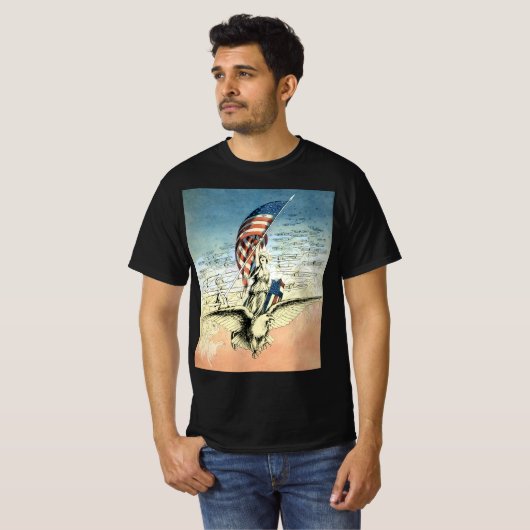 ヴィンテージ愛国的、レディ、イーグルとアメリカ国旗 Tシャツ (正面フル)