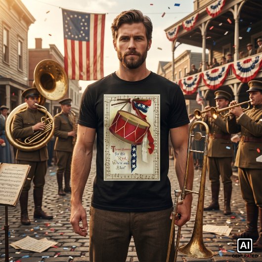 ヴィンテージ愛国、音楽記号付ドラム Tシャツ