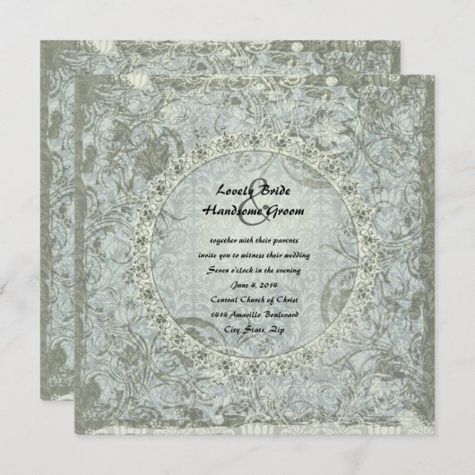 ヴィンテージ愛詩のブルーグレーのダマスク織の結婚式の招待 招待状 (正面/裏面)