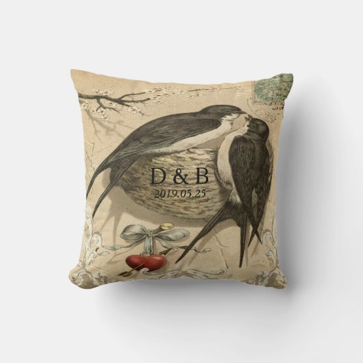 ヴィンテージ愛鳥の巣のフランスのな装飾の結婚式の日付 クッション (正面)