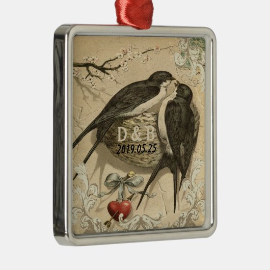 ヴィンテージ愛鳥の巣のフランスのな装飾の結婚式の日付 メタルオーナメント (右)