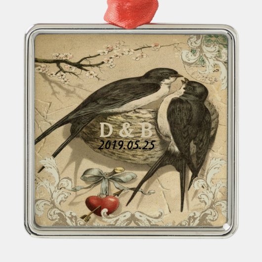 ヴィンテージ愛鳥の巣のフランスのな装飾の結婚式の日付 メタルオーナメント (正面)