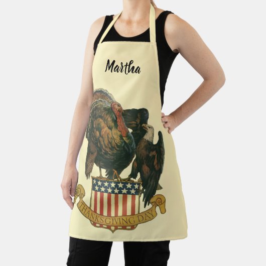 ヴィンテージ感のある感謝祭のイラスト、ターキー、鷹、アメリカ国旗 エプロン (インサイチュ)
