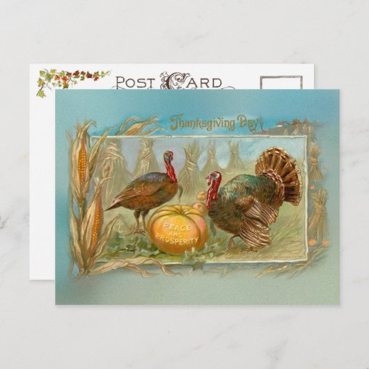 ヴィンテージ感謝祭の七面鳥とカボチャ シーズンポストカード (正面/裏面)