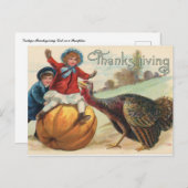 ヴィンテージ感謝祭の女の子をカボチャとトルコ ポストカード (正面/裏面)