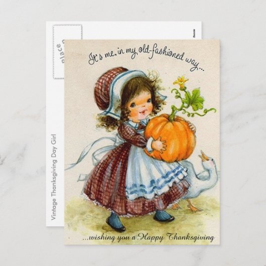 ヴィンテージ感謝祭の女の子 シーズンポストカード (正面/裏面)