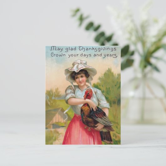 ヴィンテージ感謝祭の女性と七面鳥はがき シーズンポストカード (スタンド正面)