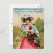 ヴィンテージ感謝祭の女性と七面鳥はがき シーズンポストカード (正面/裏面)