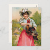 ヴィンテージ感謝祭の女性と七面鳥はがき シーズンポストカード (正面/裏面)