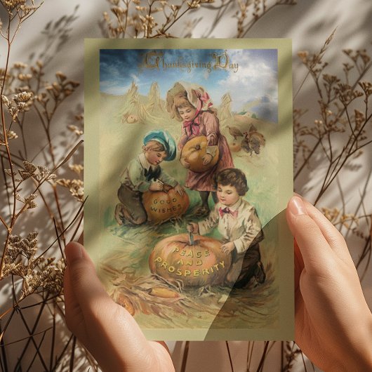 ヴィンテージ感謝祭の子供たちカボチャを彫る シーズンカード