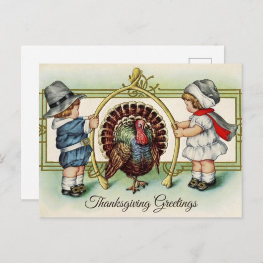 ヴィンテージ感謝祭の子供とトルコ シーズンポストカード (正面/裏面)