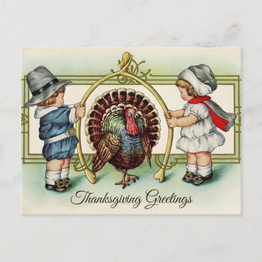 ヴィンテージ感謝祭の子供とトルコ シーズンポストカード (正面)