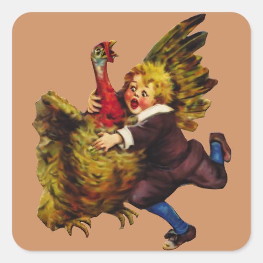 ヴィンテージ感謝祭の少年がトルコを追いかける スクエアシール (正面)