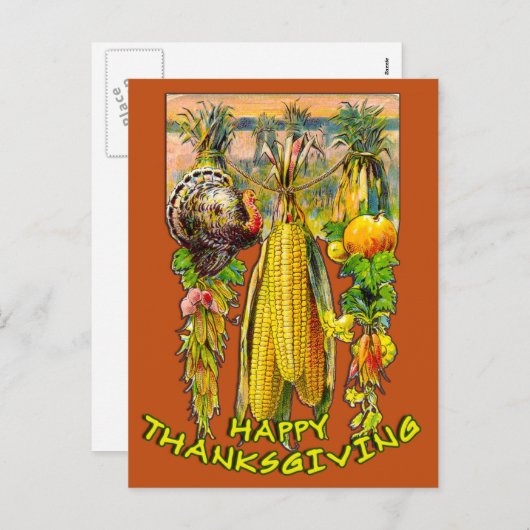 ヴィンテージ感謝祭イラストレーション シーズンポストカード (正面/裏面)