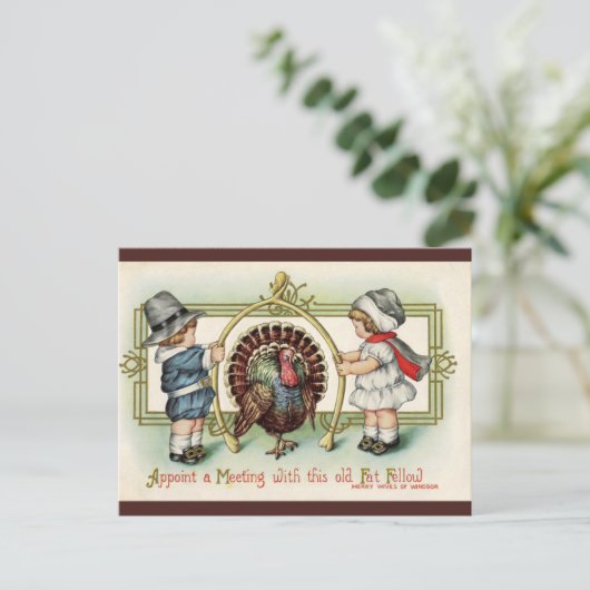 ヴィンテージ感謝祭キッズターキーウィッシュボーン ポストカード (スタンド正面)