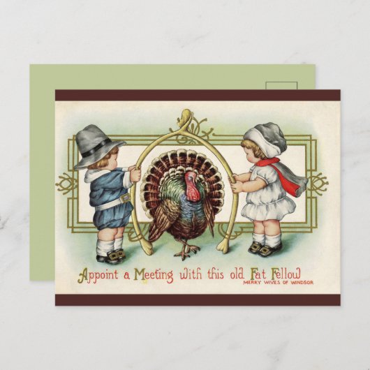 ヴィンテージ感謝祭キッズターキーウィッシュボーン ポストカード (正面/裏面)