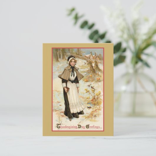 ヴィンテージ感謝祭グリーティングピルグリムウーマン ポストカード (スタンド正面)