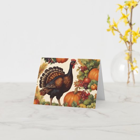 ヴィンテージ感謝祭トルコとカボチャ カード (黄色い花)