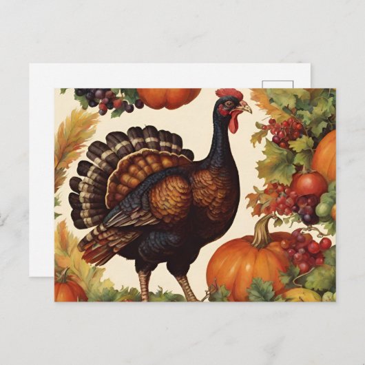 ヴィンテージ感謝祭トルコとカボチャ シーズンポストカード (正面/裏面)