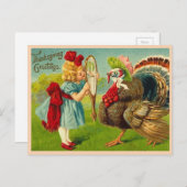 ヴィンテージ感謝祭トルコと女の子 シーズンポストカード (正面/裏面)