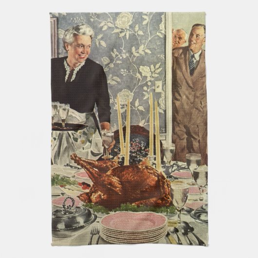 ヴィンテージ感謝祭トルコ家族との夕食 キッチンタオル (縦)