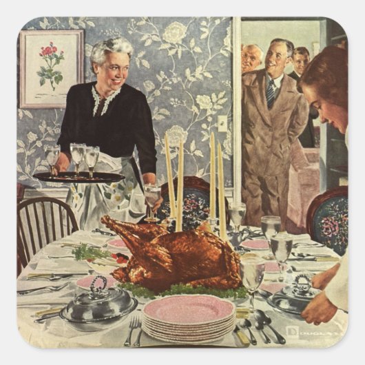 ヴィンテージ感謝祭トルコ家族との夕食 スクエアシール (正面)