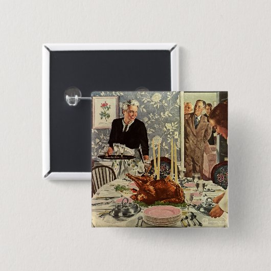 ヴィンテージ感謝祭トルコ家族との夕食 缶バッジ (正面&裏面)