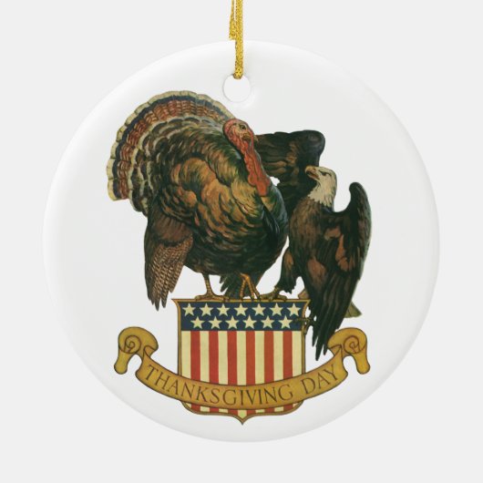 ヴィンテージ感謝祭トルコ、イーグル、アメリカ国旗 セラミックオーナメント (裏面)
