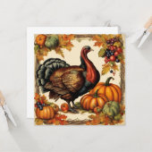 ヴィンテージ感謝祭トルコ、フルーツとカボチャ カード (正面/裏面インサイチュ)