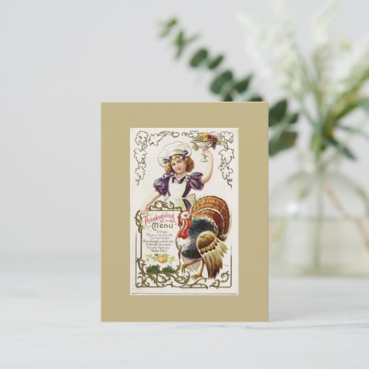 ヴィンテージ感謝祭メニューとガールポストカード ポストカード (スタンド正面)