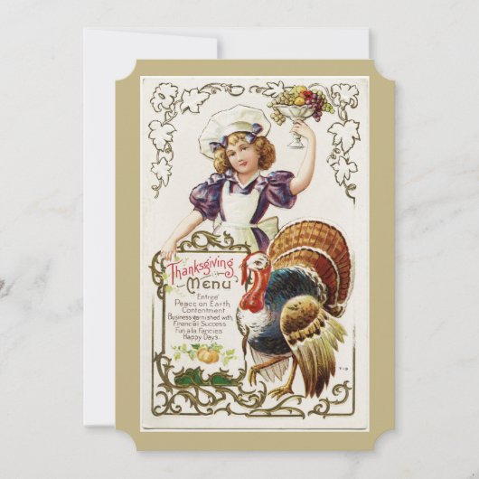 ヴィンテージ感謝祭メニューと女の子の招待状 招待状 (正面)