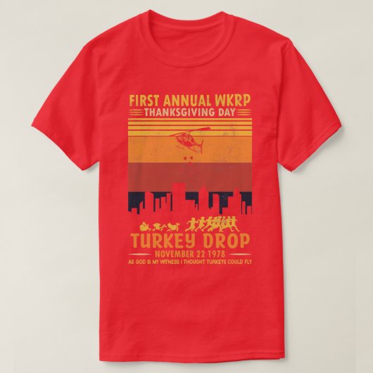 ヴィンテージ感謝祭1st年次WKRPターキードロップ2 Tシャツ (デザイン正面)