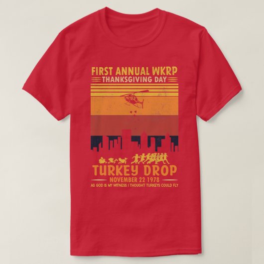 ヴィンテージ感謝祭1st年次WKRPターキードロップ Tシャツ (デザイン正面)