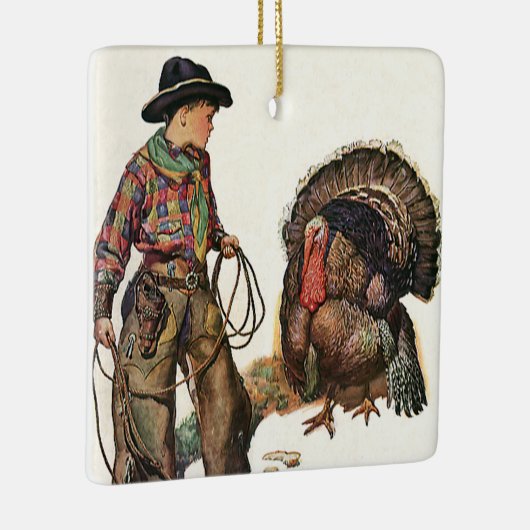 ヴィンテージ感謝祭、カウボーイがトルコをキャッチ セラミックオーナメント (右)