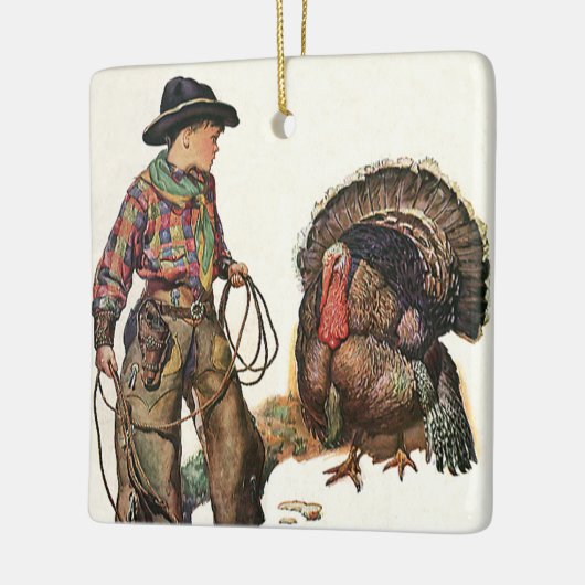 ヴィンテージ感謝祭、カウボーイがトルコをキャッチ セラミックオーナメント (左)